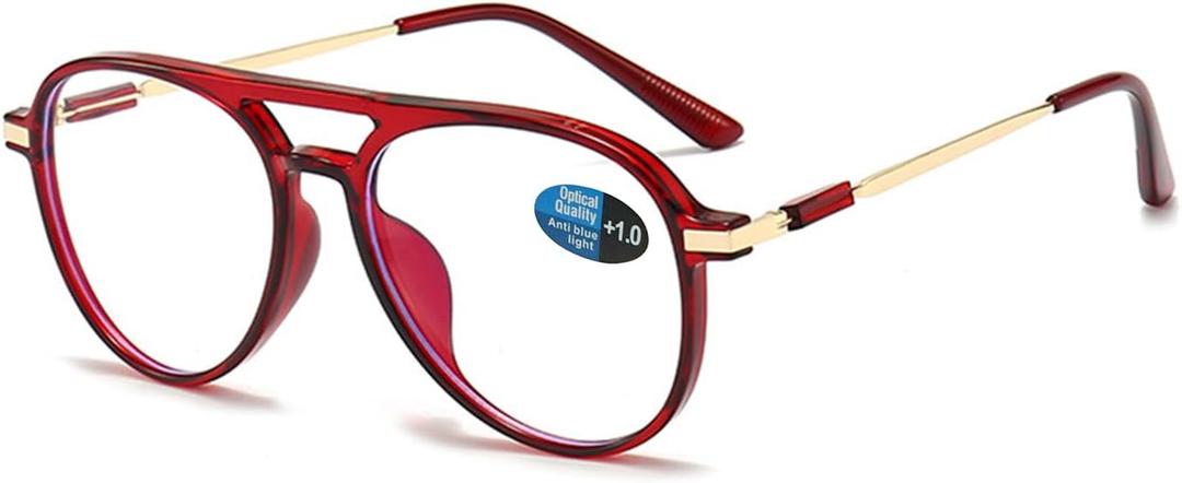 Aviator Reading Glasses for Women Men Blue Light Blocking Oval Retro Fashion Double Bridge Computer Reader (Red)