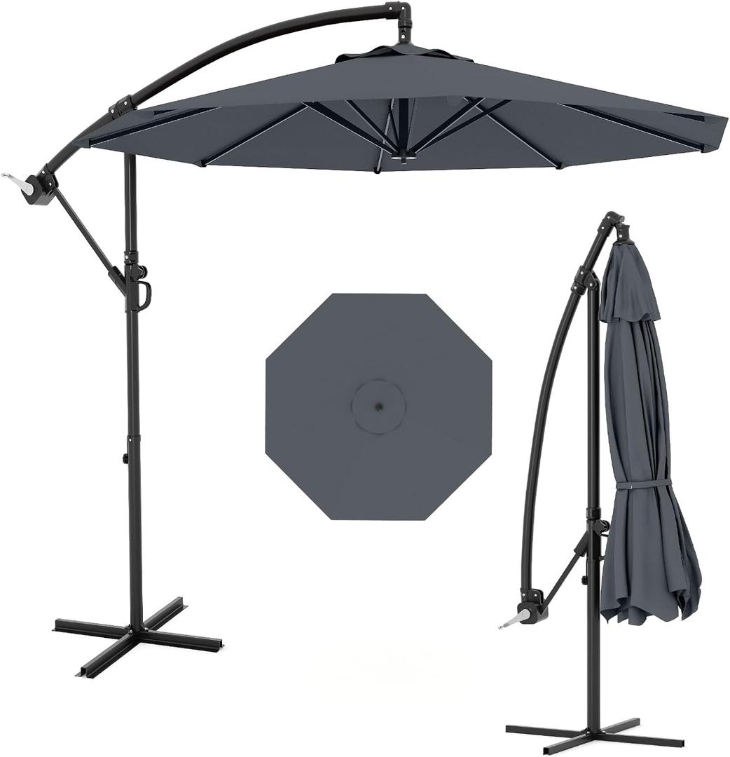 10 ft Cantilever Umbrella Outdoor Patio, Offset Patio Umbrella with Easy Lift & Tilt Adjustment, UV Protection Fade Resistant for Deck, Pool, Garden, Gray