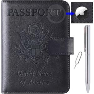 Airtag Passport Holder Cover Wallet Travel Essentials Leather RFID Blocking Case Vacation Luggage Must Haves Travel Accessories for Men Women (117#Black)
