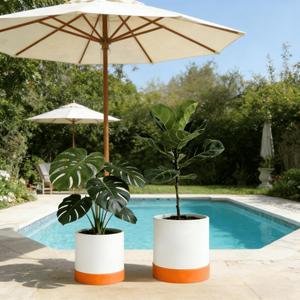 GreenShip Planter Set of 2 (10.3'' & 8.3'') – Dual-Use Self-Watering or Traditional Indoor Cylinder Flower Pots with Saucers & Side Drainage – Durable Lightweight Clay & Resin Blend (W/T)