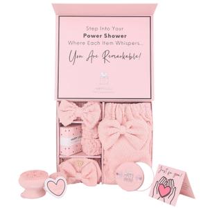 Happy Lolli Power Shower Gift Set: Luxury Bath Accessories Basket for Women & Teen Girls  Includes Body & Hair Towel, Wrist Bands, Headband, Face Sponge & More  Empower Your Routine (Fresh in Pink)