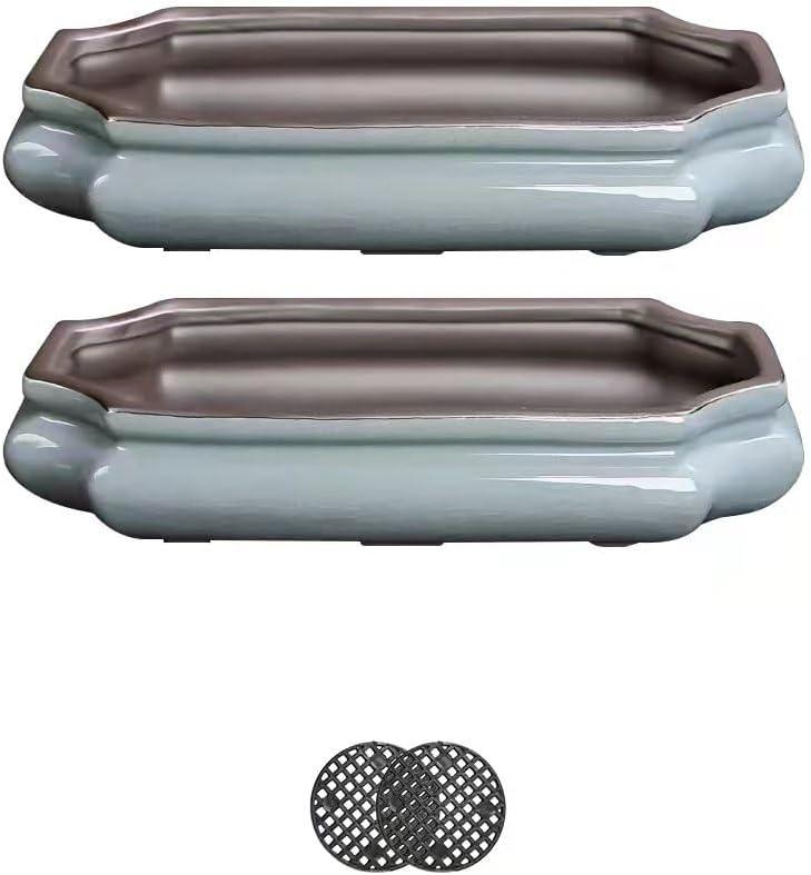 (10-Inch Shallow Bonsai Pots 2-Piece Set Water Glaze Blue Succulent Platter Bonsai Tree Ceramic Flower Pot Handmade (Without Plants)