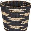 Household Essentials Large Round Woven Wicker Storage Basket with Handles | Black and Brown Geometic Design