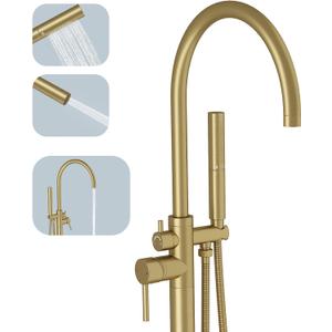 BESy Freestanding Bathtub Faucet Tub Filler Free Standing Floor Mount Stand Brass Bathroom Tub Faucets Sets with 2 Function Hand Sprayer Shower Wand Swivel Spout, Brushed Gold Finish