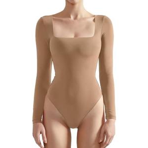 SUUKSESS Women Square Neck Long Sleeve Bodysuit Sexy Thong Bodysuit Shirts (Medium, 01 Khaki)