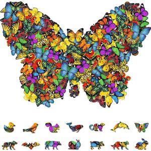 2 x Butterfly Wooden Jigsaw Puzzle 127 Pieces, 17.5"x12.3" with Unique Shapes for Adults by WoodGalaxy