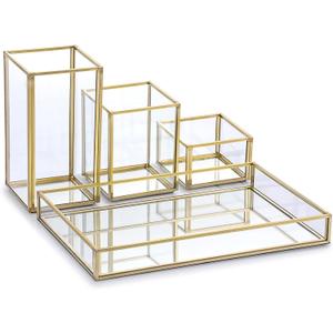Hipiwe Set of 4 Glass Mirror Tray with Stackable Makeup Brush Holder - Gold Jewelry Trinket & Vanity Tray Perfume & Cosmetic Brush Organizer Pen & Pencil Holder for Dresser Bathroom Office