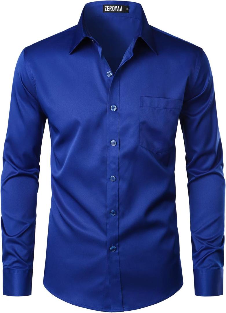 ZEROYAA Men's Urban Stylish Casual Business Slim Fit Long Sleeve Button Up Dress Shirt with Pocket ZLCL29 Royal, Small