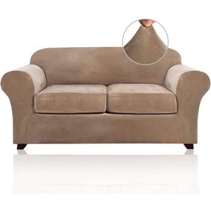 PrinceDeco Velvet Couch Cover Loveseat Covers for 2 Cushion Couch 3 Piece Sofa Covers for Dogs Washable Loveseat Covers Width Up to 72 Inch No Slip Stretch Sofa Slipcover(Medium, Camel)