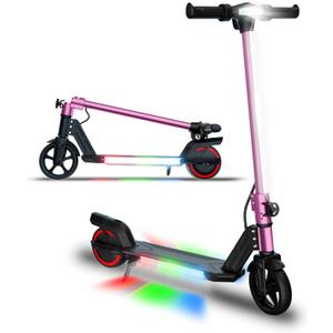 WEELMOTION Pink Foldable Electric Scooter for Kids, Bright Front Bar Lights, LED Head Lights, Shining Lights on Pedal, Big LED Display, Dual Brakes 150W Motor Kids Electric Scooter, UL2272 Certified
