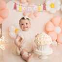 Daisy One High Chair Banner - Spring Theme Birthday Celebration Decorations Pink Floral Banner for Baby