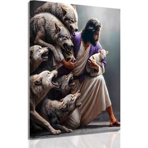 Framed Jesus and Lamb Canvas Wall Art16x24 inches Can Be Hung Directly | Jesus Saves Lost Lamb Christian Painting, Shepherd Protect Lamb from Wolves, For Living Room Bedroom Decor