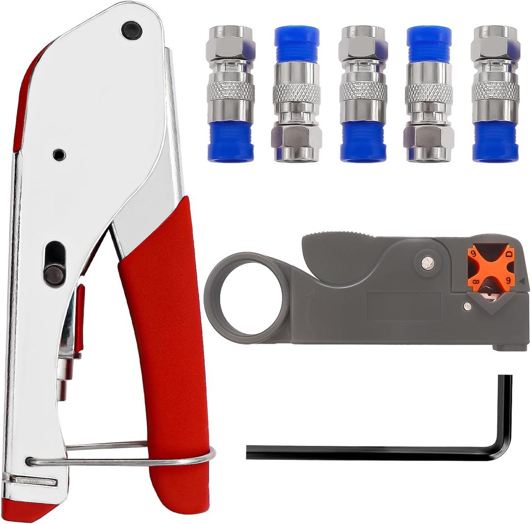 mxuteuk RG59 RG6 Coax Cable Crimper Tool Coaxial Compression Tool Fitting Wire Stripper With 5PCS F Type RG6 Compression Connectors