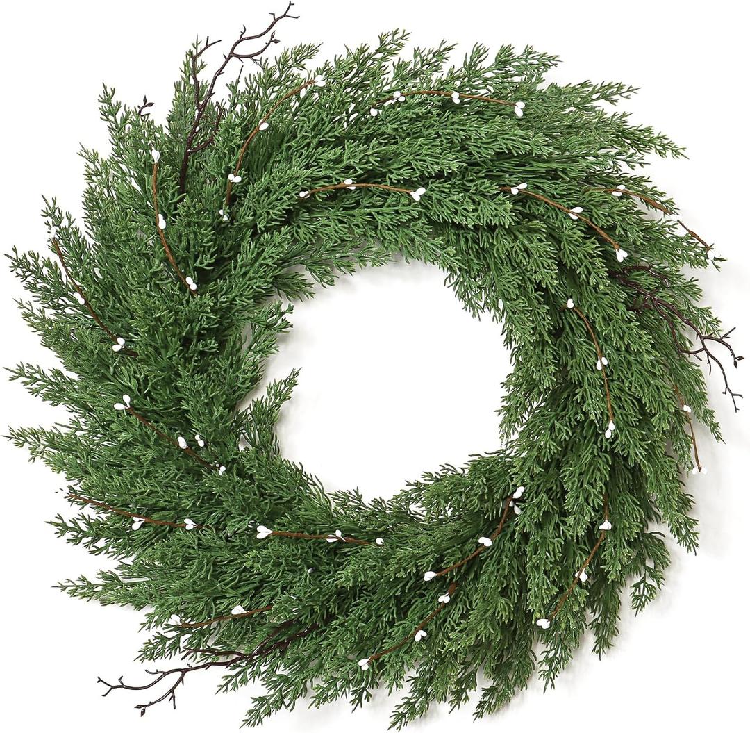 Christmas Wreath for Front Door 22 Inch Real Touch Norfolk Pine Christmas Wreaths Artificial Door Wreaths Green Cypress Wreath for Home Fireplace Wall Window Holiday Xmas Decor