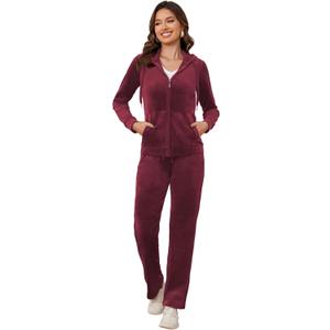 MIDNIGHTSUN Women's Velour Tracksuit 2 Piece Full Zip Hooded Sweatsuits Outfits Velvet Sportswear Jogging Set (X-Large, Wine)