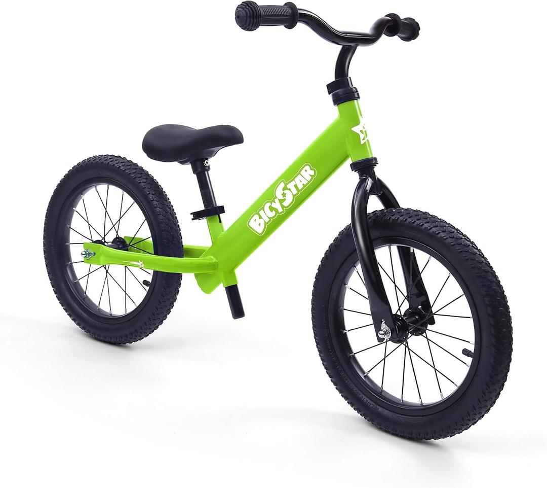 Bicystar 14 Inch Balance Bike for Kids 3-6 Year Old, No Pedals, Air Rubber Tires, Adjustable Height, Pedalless Bicycle for Boys, Girls, Green