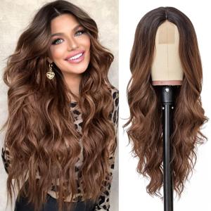 NAYOO Long Ombre Brown Wavy Wig for Women 26 Inch Middle Part Curly Wavy Wig Natural Looking Synthetic Heat Resistant Fiber for Daily Party Use (Ombre Brown)