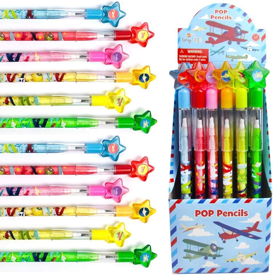 TINYMILLS 24 Pcs Airplane Multi Point Stackable Pencil with Eraser for Airplane Airshow Birthday Party Favor Prize Carnival Goodie Bag Stuffers