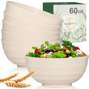 Wrova Wheat Straw Bowls Set 60 OZ, Unbreakable Large Beige Bowls Set of 6, Microwave & Dishwasher Safe Big Cereal Bowl for Picnic and Party BPA Free Salad Bowl for Serving Oatmeal and Popcorn (Beige)