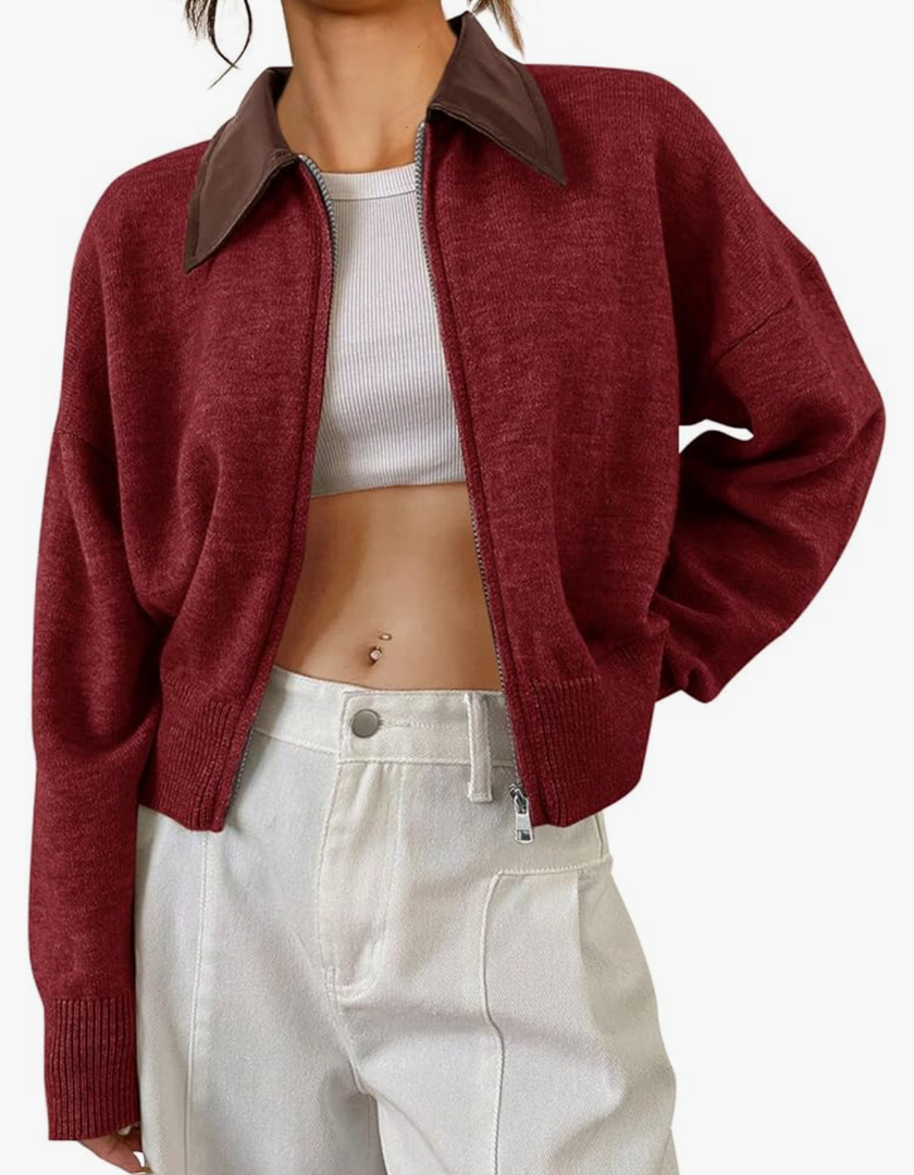 Saodimallsu Womens Zip Up Barn Jacket Cropped Faux Leather Collared Open Front Long Sleeve Fall Cardigan Sweaters M