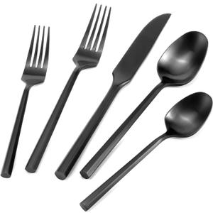 DEACORY Silverware Set Flatware Set Matte Black Cutlery Set Brushed Finished Hexagon Handle Heavy Stainless Steel 40 Pieces Dishwasher Safe Service for 8