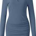 AUXDIO Women Bodycon Long Sleeve Dresses Casual V Neck Ruched Wrap 2026 Spring Fall Party Club Mini Dress (Blue, XL)