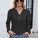 Women Button Down Henley Shirts V Neck Long Sleeve Fashion Dressy Casual Tops Trendy Blouses Loose Fit Tunic (Black, L)