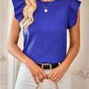 WDIRARA Women's Ruffle Cap Sleeve Blouse Shirts Frill Trim Crew Neck Tops (Blue, L)