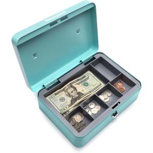 Honeywell Safes & Door Locks - Standard Money Lock Box with Key Lock - Steel Security Cash Box with 1 Removable Cash Tray & 5 Coin Slots - Durable & Scratch Resistant Money Box - 0.14 CU, Teal, 6112TL