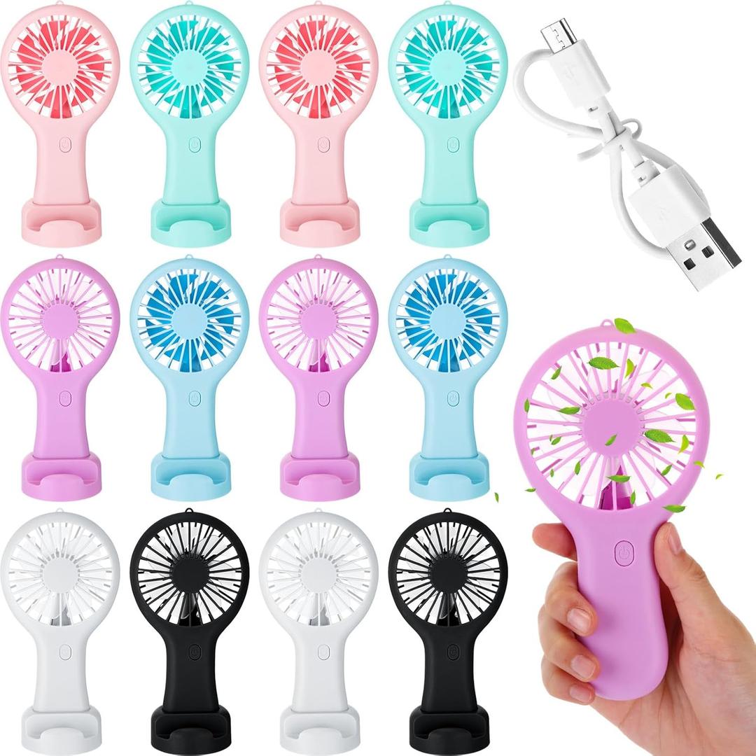 Woanger 12 Pcs Mini Handheld Fan Bulk 3 Speed USB Electric Battery Operated Small Portable Pocket Fan with Data Cable and Mounting Base Quiet Summer Gift(White, Pink, Blue, Black, Green, Purple)