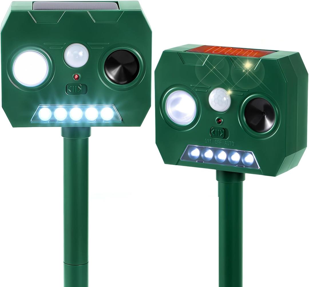 Solar Ultrasonic Animal Repellent Outdoor, 2 Pack Cat Squirrel Raccoon Bird Dog Deer Repellent Devices with PIR Motion Sensor LED Flash, Waterproof Animal Deterrent for Garden Yard Farm