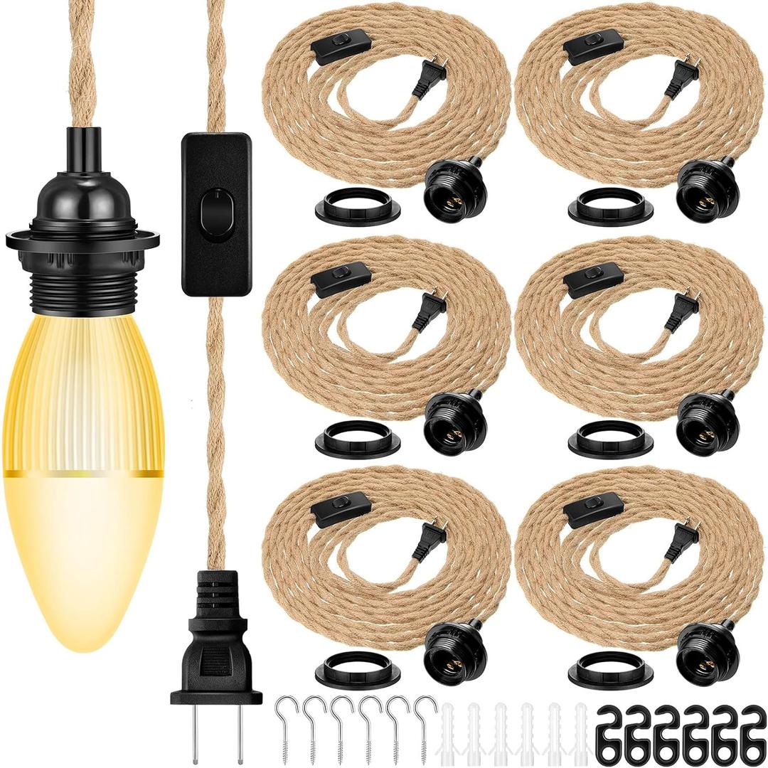 6 Pcs 15 Ft Pendant Light Cord lamp kit Vintage Ceiling Hanging Lights with Plug in Cord with Twisted Nylon Rope with Switch E26 Socket for Kitchen Farmhouse Bedroom DIY Decor