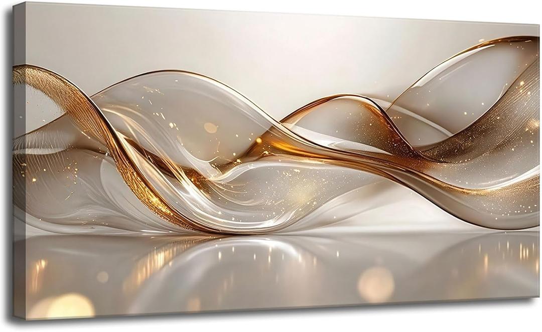 Modern Large Living Room Canvas Wall Art Gold Abstract Lines Decor painting Picture Transparent Wave Neutral Posters Prints for Bathroom Bedroom Office Hallway Home Decoration, 48"L x 24"W