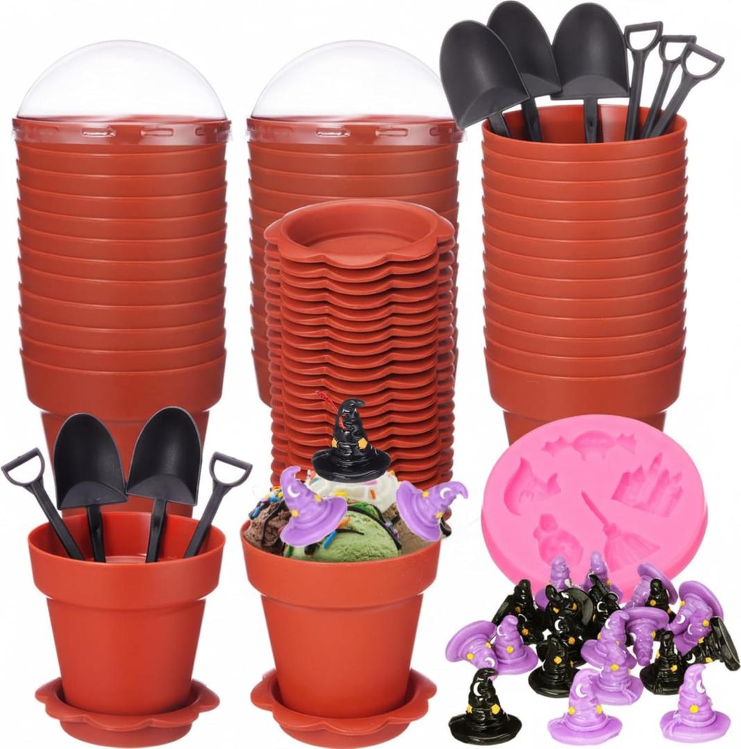 Maxdot 24 Pack Halloween Flowerpot Dessert Cup with Lids and Shovel Spoon Bottom Tray Halloween Cake Decoration Mold Small Flowerpot Cups Dessert Ice Cream Holder for Party DIY Supplies(Witch Hat)