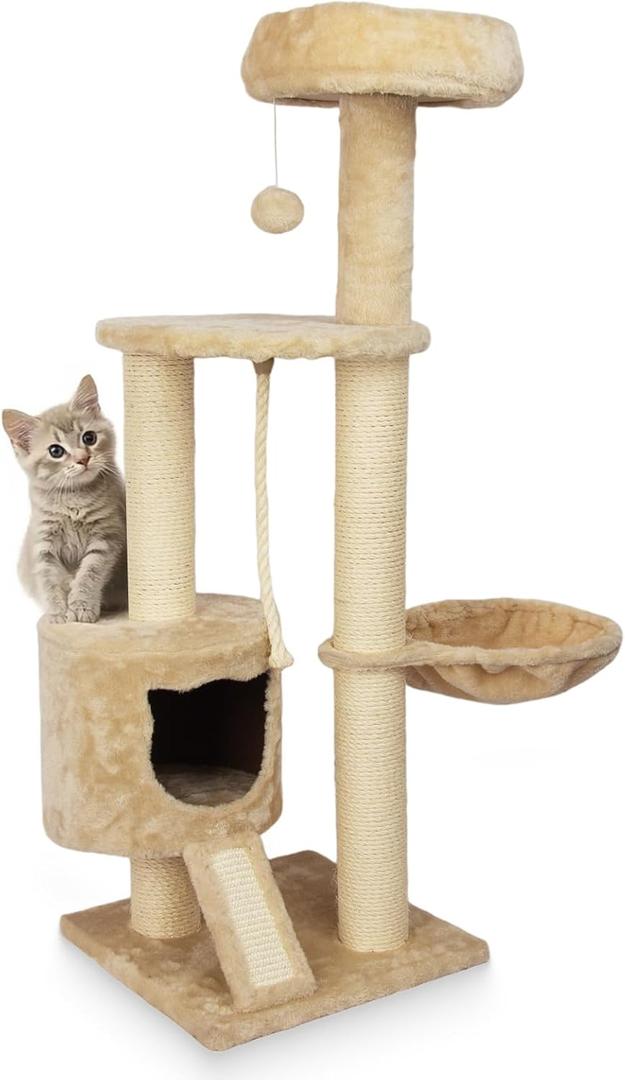 Large Cat Tower Cat Tree with Widened Perch for Large Cats Kittens, 45.3-Inch Cat Tower for Indoor Cats, Multi-Level Cat Condo, Scratching Posts and Ramp,Cat Basket (Beige)