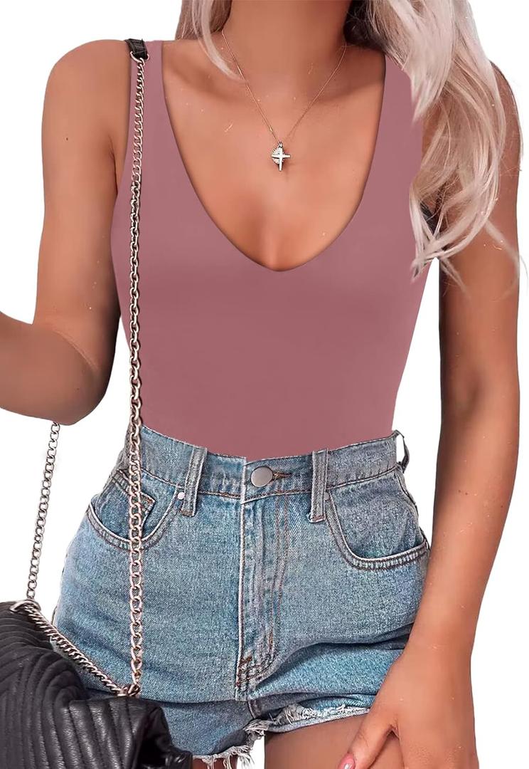 SAUNGKUAI Women’s Bodysuit Sexy Plunge Deep V Neck Backless Sleeveless Tank Thong Body Suits Tops for Going Out, Mauvepink, L