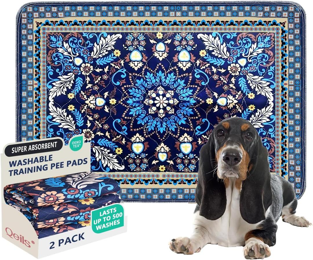 Qeils Washable Pee Pads, Reusable Puppy Pads Super Absorbent Leakproof Dog Training Pads, Non-Slip Wee Wee Pads for Crate, Floor, Potty Pads Feeding Mat Dog Pee 2 Pack 36"x24"