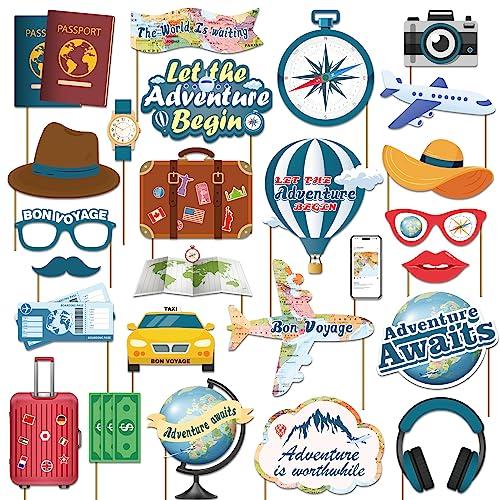 Biswiter Adventure Awaits Party Decorations Photo Booth Props, 26 Pcs Let The Adventure Begin Decorations Photo Props, Bon Voyage Around The World Decorations Photo Props for Travel Decorations