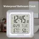 KADAMS Bathroom Clock 9.5" Kitchen Wall Clock with Large LCD Screen  Shower Clock with Suction Cup,Temperature, Humidity, Calendar  Water-Resistant, 4 Mounting Options, Silver