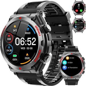Military Smart Watches for Men(Answer/Make Calls), 1.52" HD Fitness Watch, AI Built-in,Heart Rate Sleep Monitor, AI Face,100+ Sport Modes, Text, IP68 Waterproof Smartwatch for Android iOS (Black)