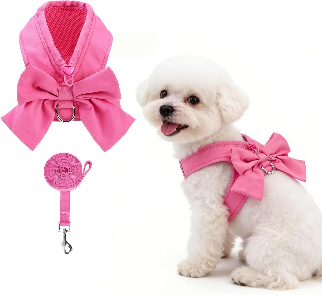 KOOLTAIL Small Dog Harness and Leash Set, Cute Puppy Vest Harnesses with Bowtie for Girl Outfit, Step in No Pull Soft Mesh Padded Adjustable Pet Harness for Extra-Samll Medium Dogs Cats, Pink, M