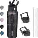 BJPKPK Insulated Water Bottles with Straw Lid, 40oz Stainless Steel Water Bottles with 3 Lids, BPA Free Leakproof Thermo, Tumblers, Cups for Sports, Gym- Midnight