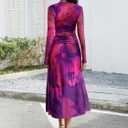 ECOWISH Long Sleeve Midi Formal Dress Women Fall Ruched Bodycon Party Cocktail Club Mesh Dresses Crewneck Floral Tie Dye Slit (Purple, S)