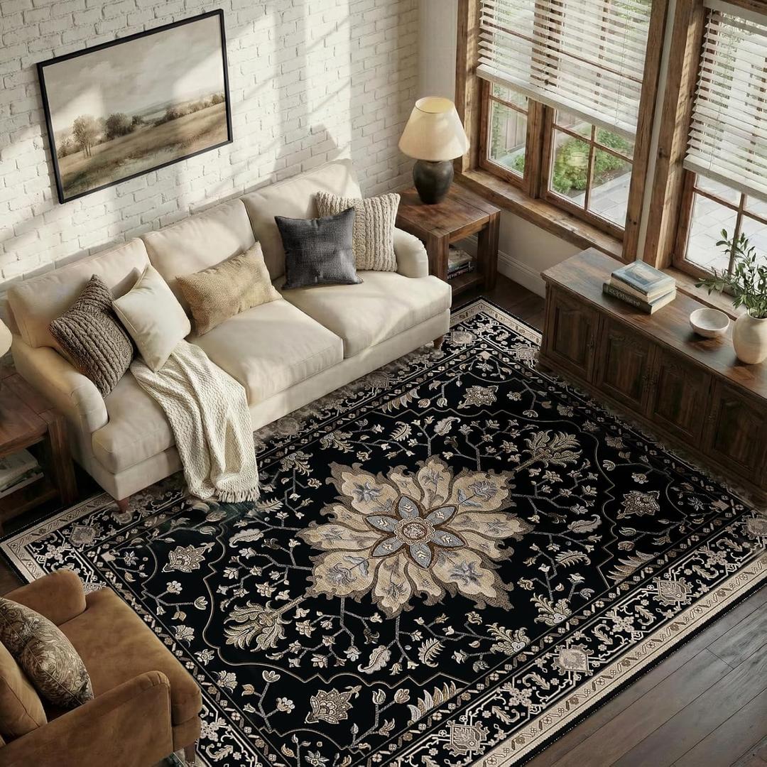 RELEANY Area Rugs 5'x7' Washable Non-Slip, Floral Vintage Distress Print Pattern Medallion Carpet for Living Room Bedroom Dining Room, Black Brown Neutral Dark Tan