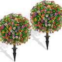 Artificial Topiary Ball Trees Set of 2 with Colorful Flowers, UV Resistant Faux Boxwood Plants Outdoor with Spike, Fake Bushes Round Shrubs for Porch, Garden, Yard, Patio Fall Outdoor Plant