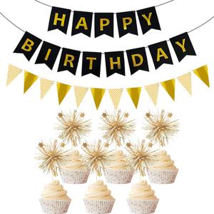 Black Gold Happy Birthday Banner - 20PCS Gold Fireworks Shape Cupcake Decoration Sparkling Party Decoration for Children or Adults Birthday Party Or Celebration