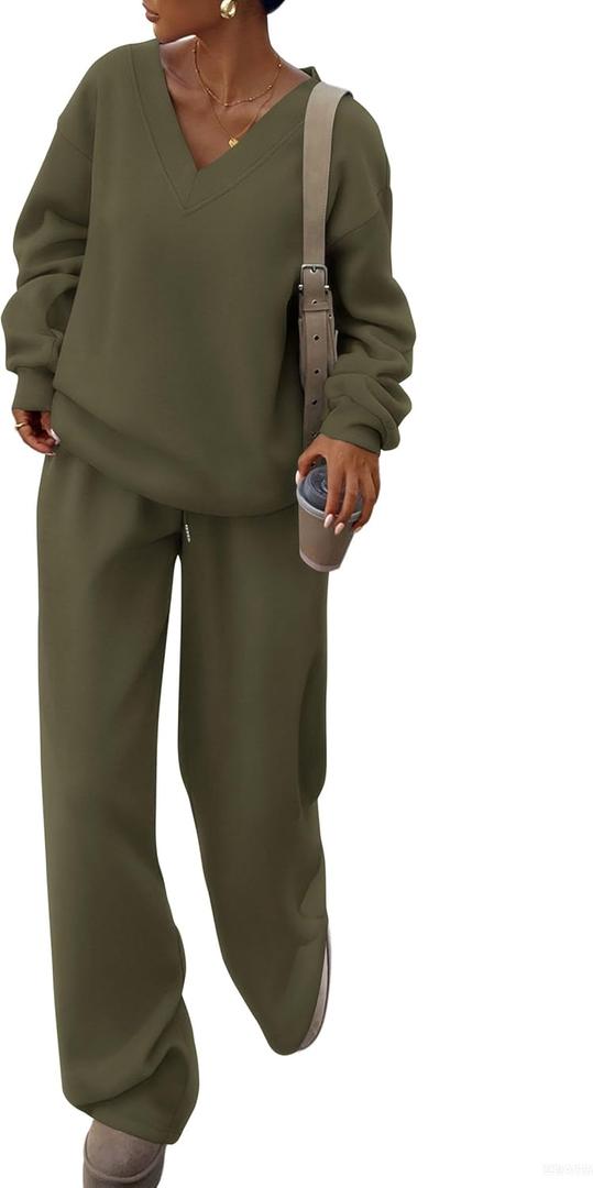 PRETTYGARDEN Casual Winter Two Piece Sets for Women 2026 V Neck Sweatshirt Loose Wide Leg Pants Tracksuit Knit Fall Outfits (XX-Large, Army Green)