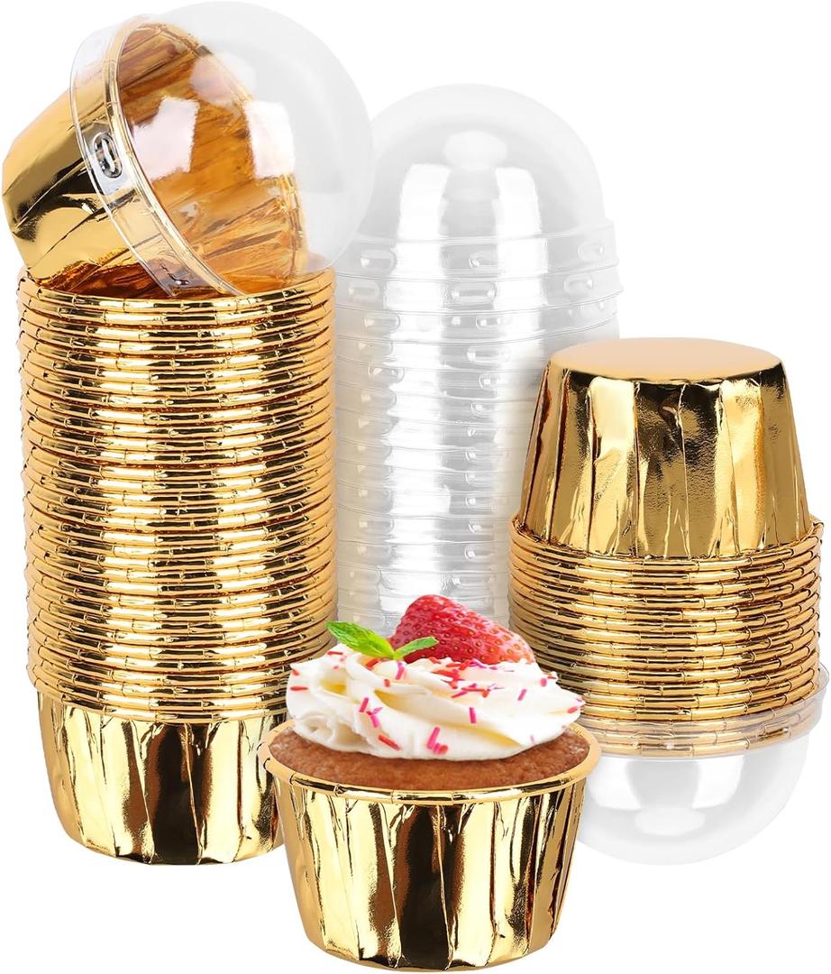 EUSOAR Gold Cupcake Cups with Lids,3.5 oz 50pcs Disposable Aluminum Foil Muffin Liners, Oven-safe Mini Baking Cups, Muffin Cups Ramekin Containers Holder for Wedding Birthday Party Picnic