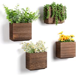 Qinyoung 4 Pack Wood Wall Planters Natural Hanging Plant Pots Natural Farmhouse Wall Hanging Decor Vase for Indoor ADried Flowers and Faux Greenery