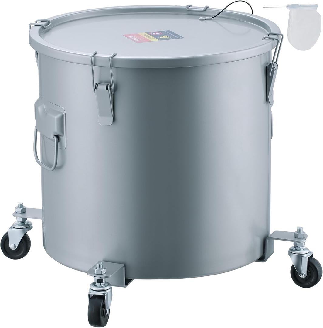 VEVOR Fryer Grease Bucket, 16 Gal Oil Disposal Caddy with Caster Base, Carbon Steel Rust-Proof Coating, Oil Transport Container with Lid, Lock Clips, Filter Bag for Hot Cooking Oil Filtering, Gray (EXP 12/31/30)